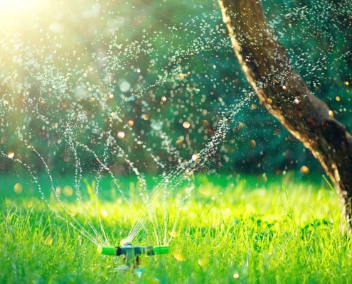 Smart garden activated with full automatic sprinkler irrigation system working in a green park
